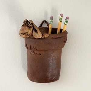 Vintage Olsen Pottery Dog Wall Pocket. Leather Handle. Handmade & Signed Rare!